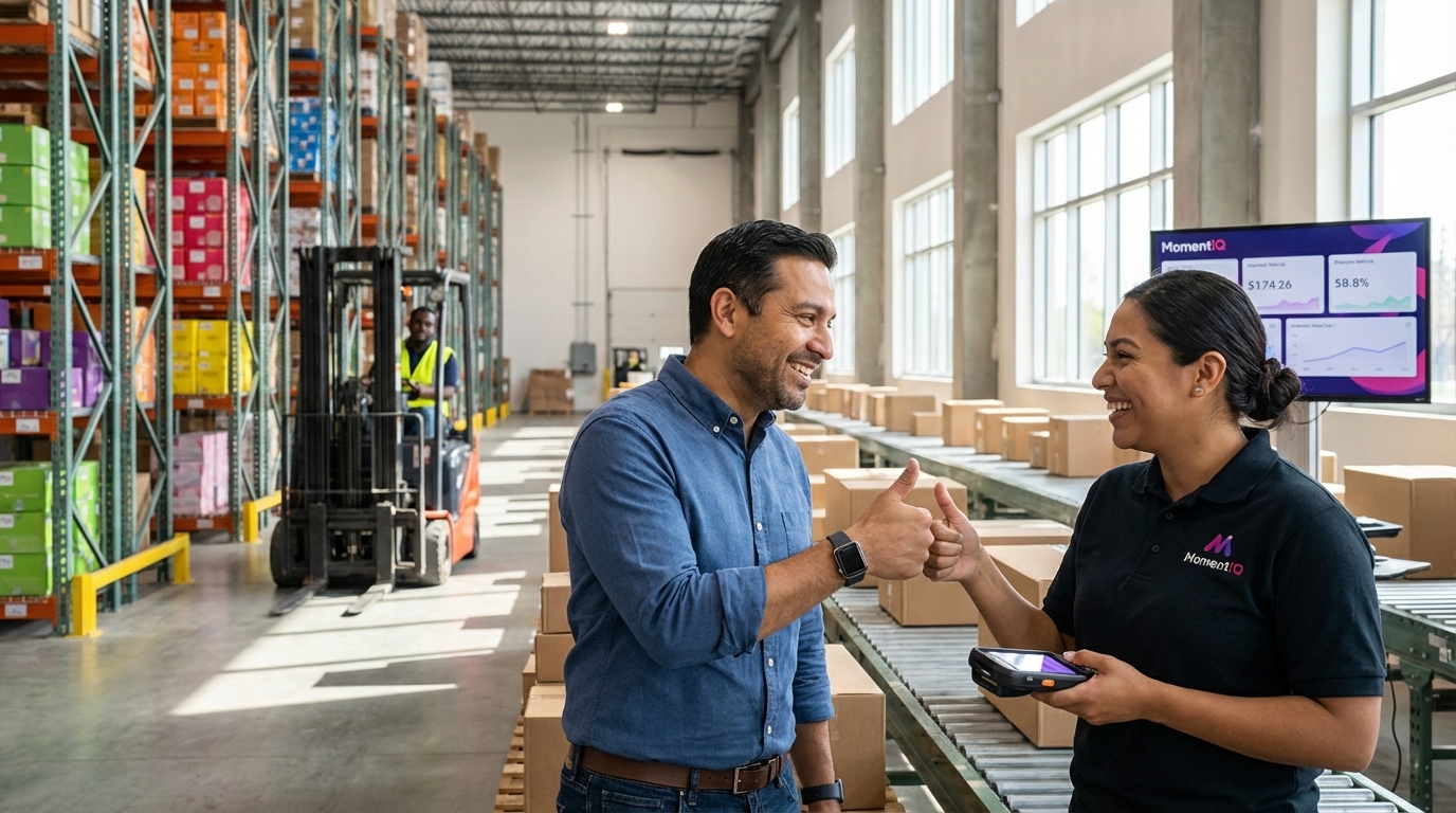 Aspirational shot of a confident entrepreneur overseeing a bustling, organized TikTok Shop fulfillment center.