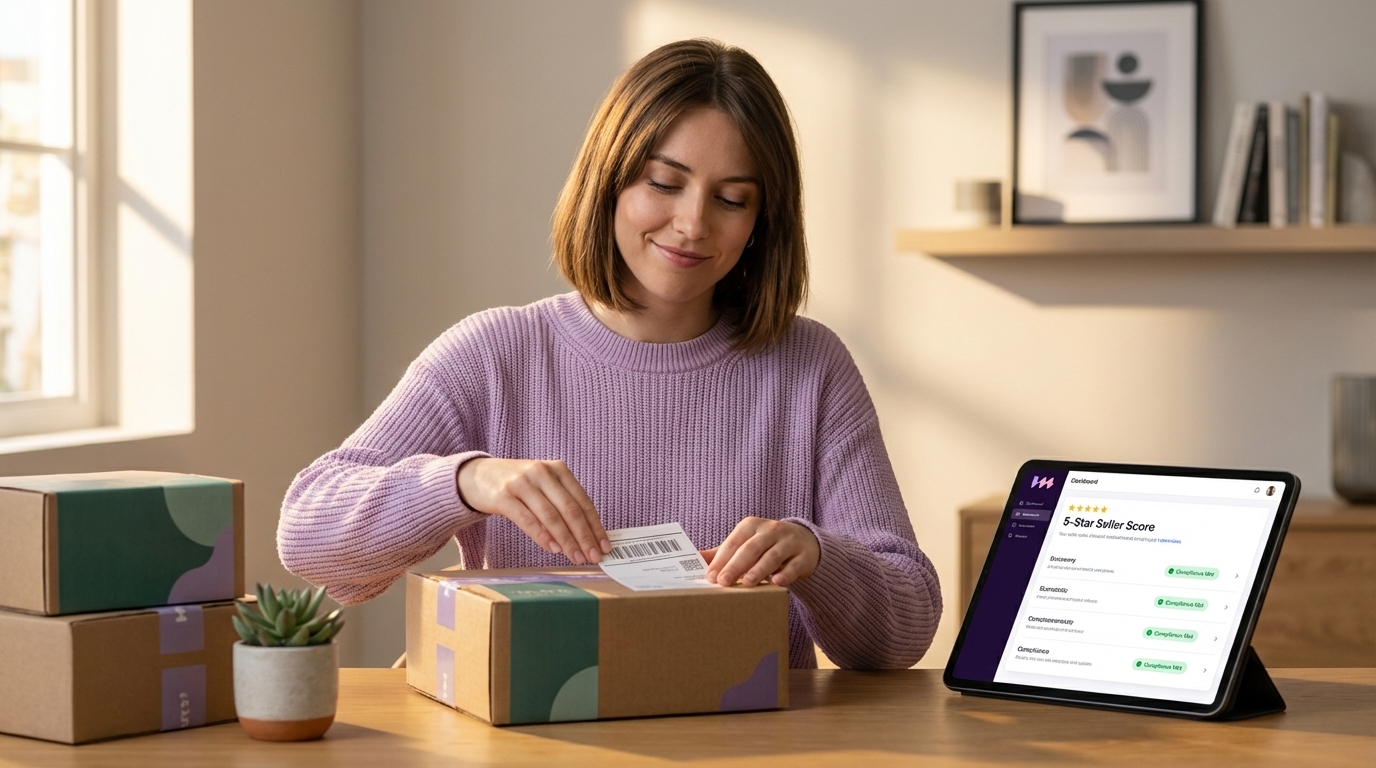 Diligent seller confidently preparing a compliant TikTok Shop order, with a 5-star seller score visible.