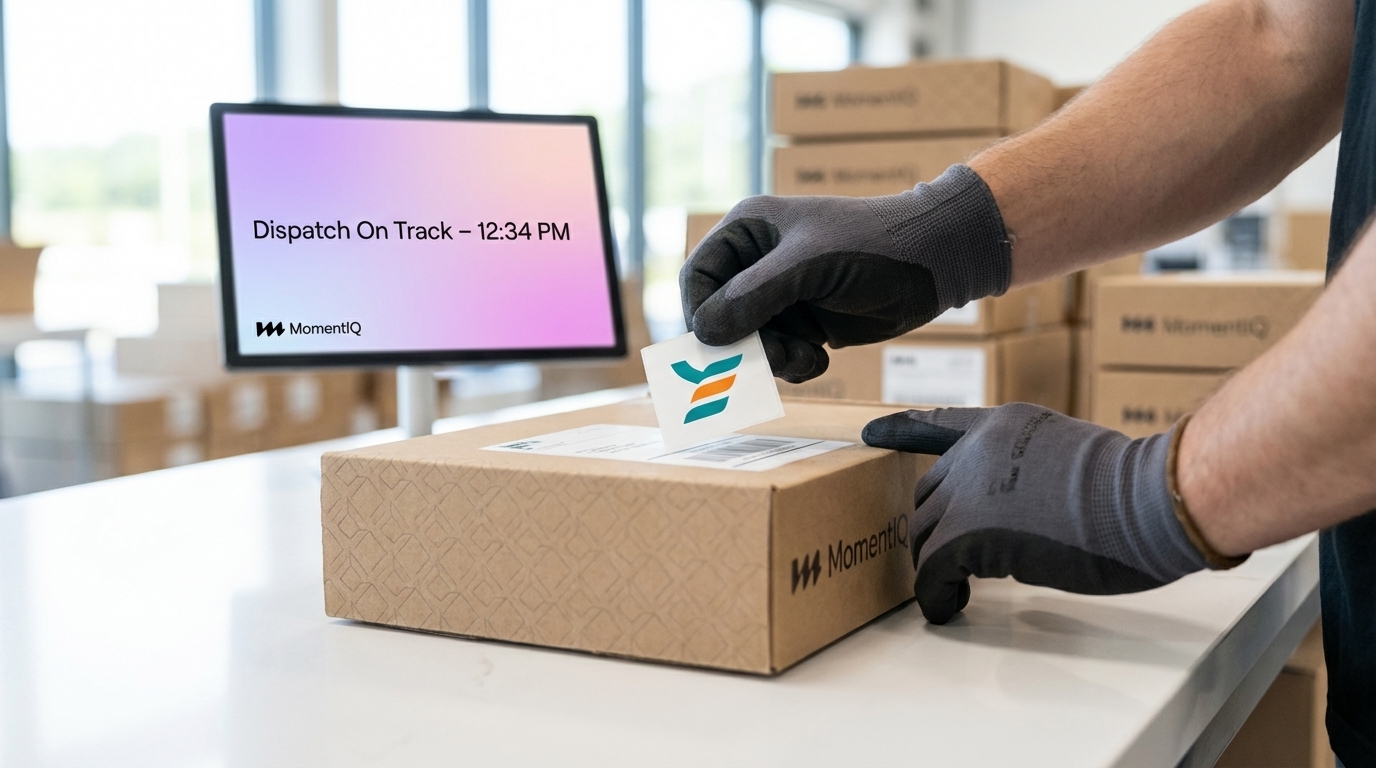 Smooth application of a shipping label to a branded package, showing efficient TikTok Shop order dispatch.