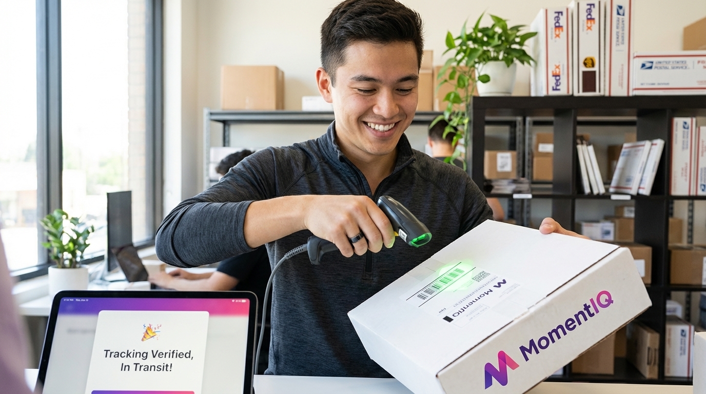 Package with tracking label being scanned, showing verified tracking and smooth carrier integration for TikTok Shop orders.