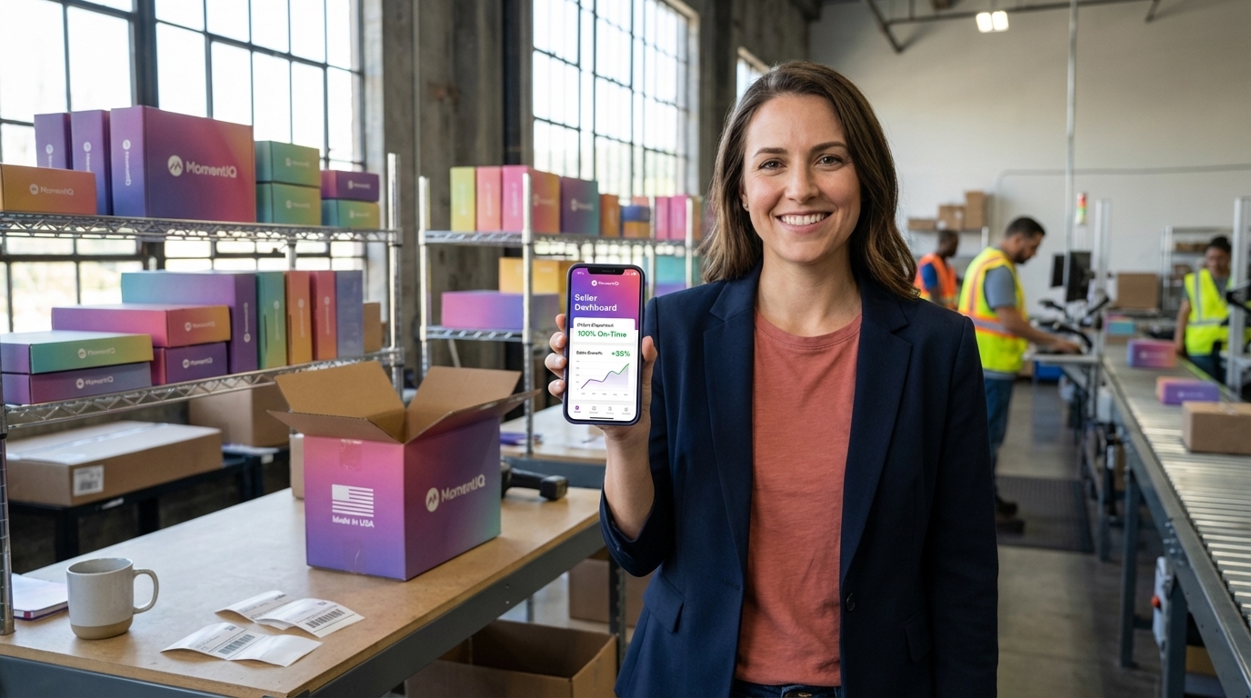 Proud entrepreneur overseeing vibrant, well-stocked inventory in a US-based warehouse for TikTok Shop dropshipping.