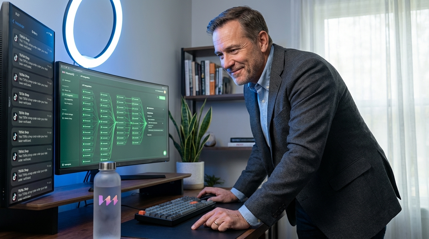 Tech-savvy individual monitoring real-time TikTok Shop order data and API integration on multiple screens.