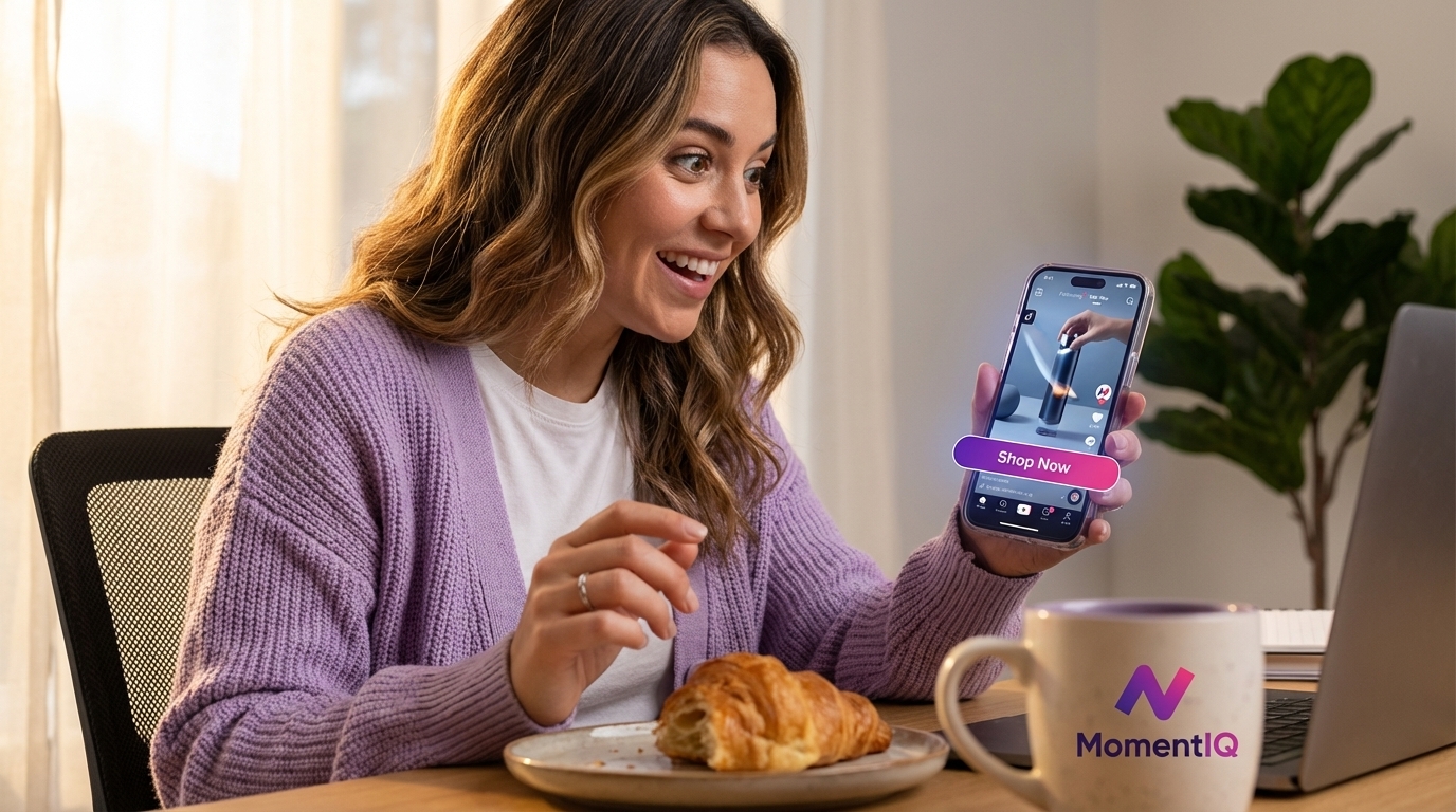 Person captivated by a TikTok Shop product demonstration video on their phone