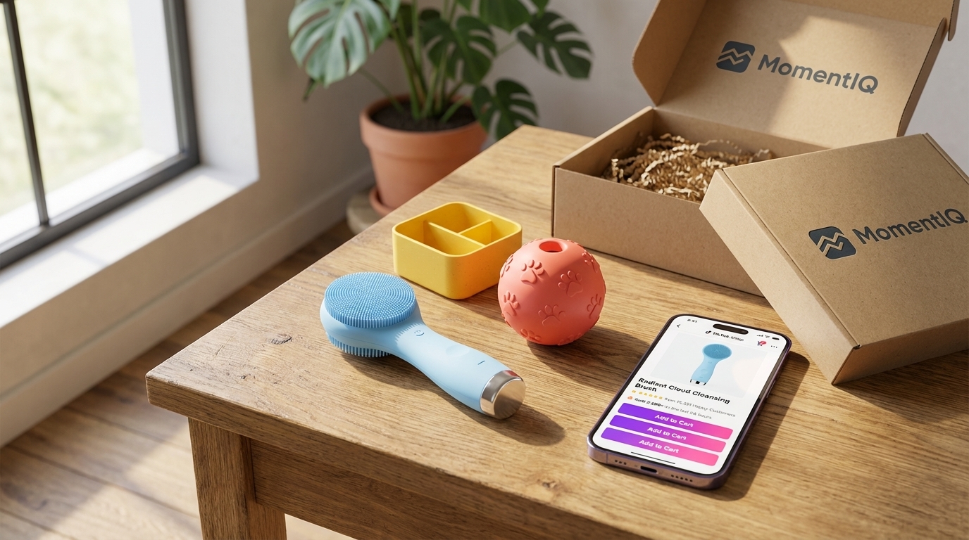 Flat lay of popular TikTok Shop impulse buy products with a phone showing product listings