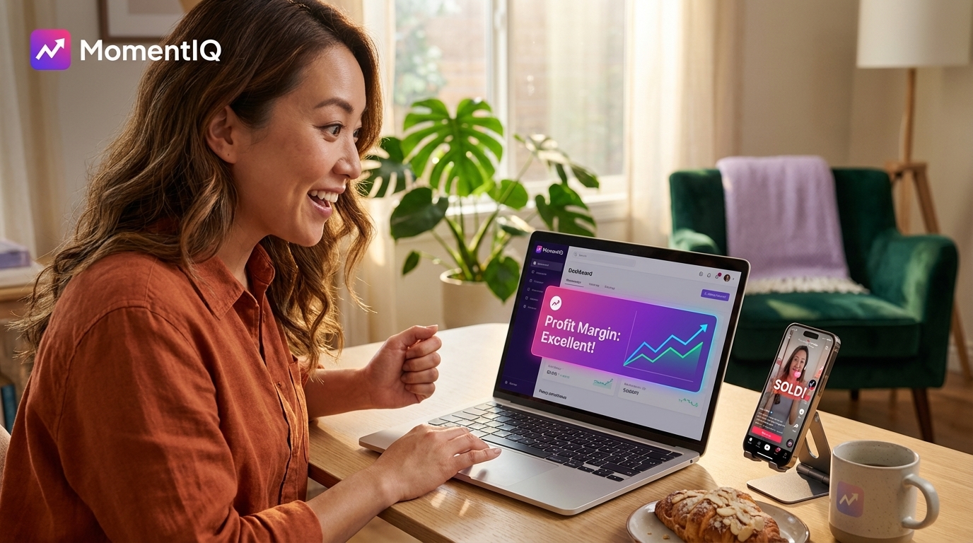 TikTok Shop seller celebrating excellent profit margins and affiliate commissions on a sales dashboard