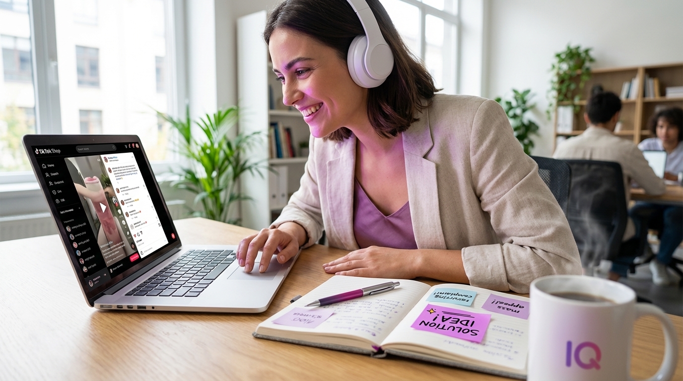 Focused researcher identifying TikTok Shop product gaps by analyzing viral video comments