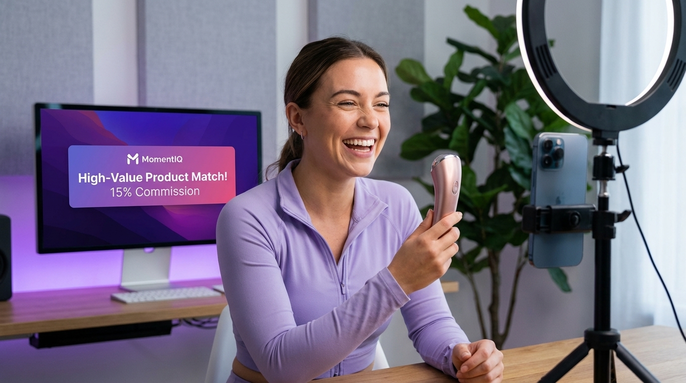 Happy TikTok creator filming with a product, seeing high commission rates from MomentIQ matching