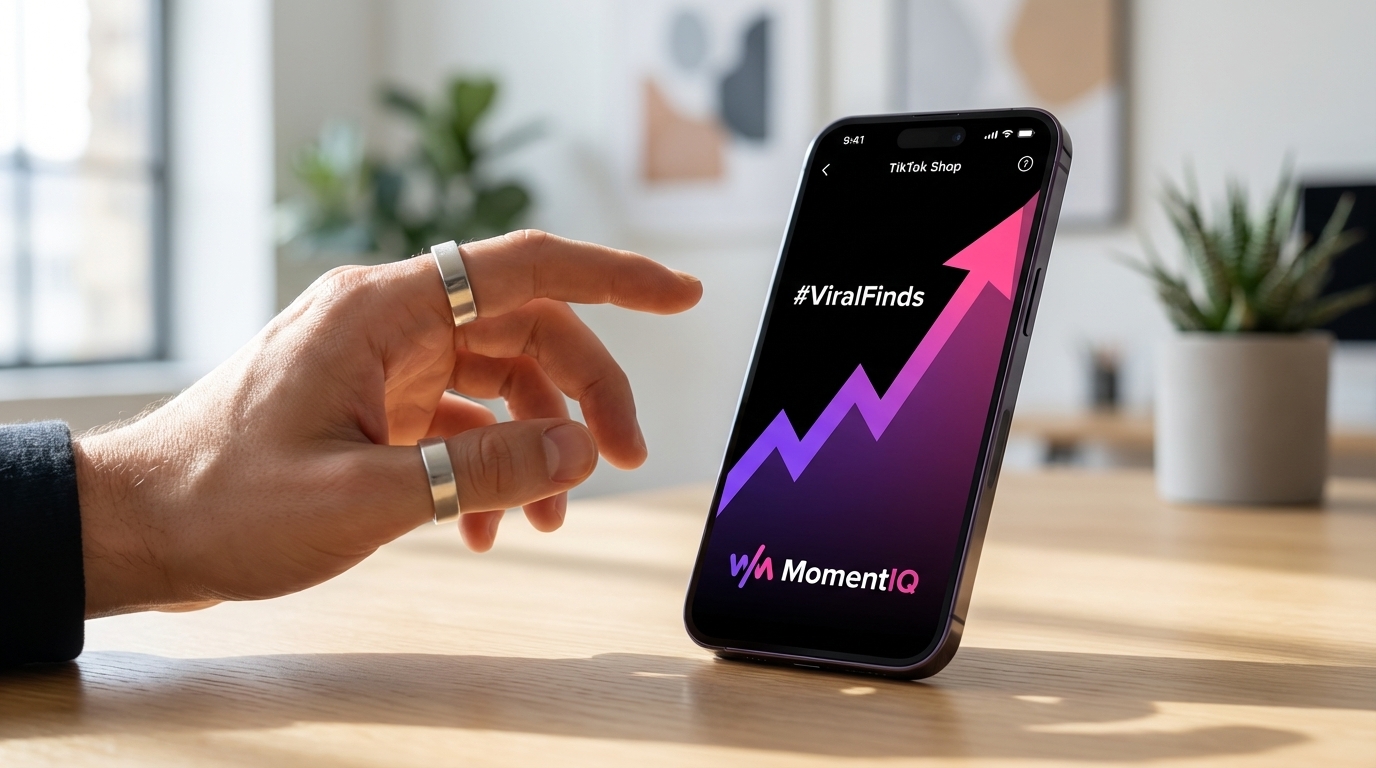 Hand hovering over a trending TikTok hashtag, discovering a micro-trend for product research