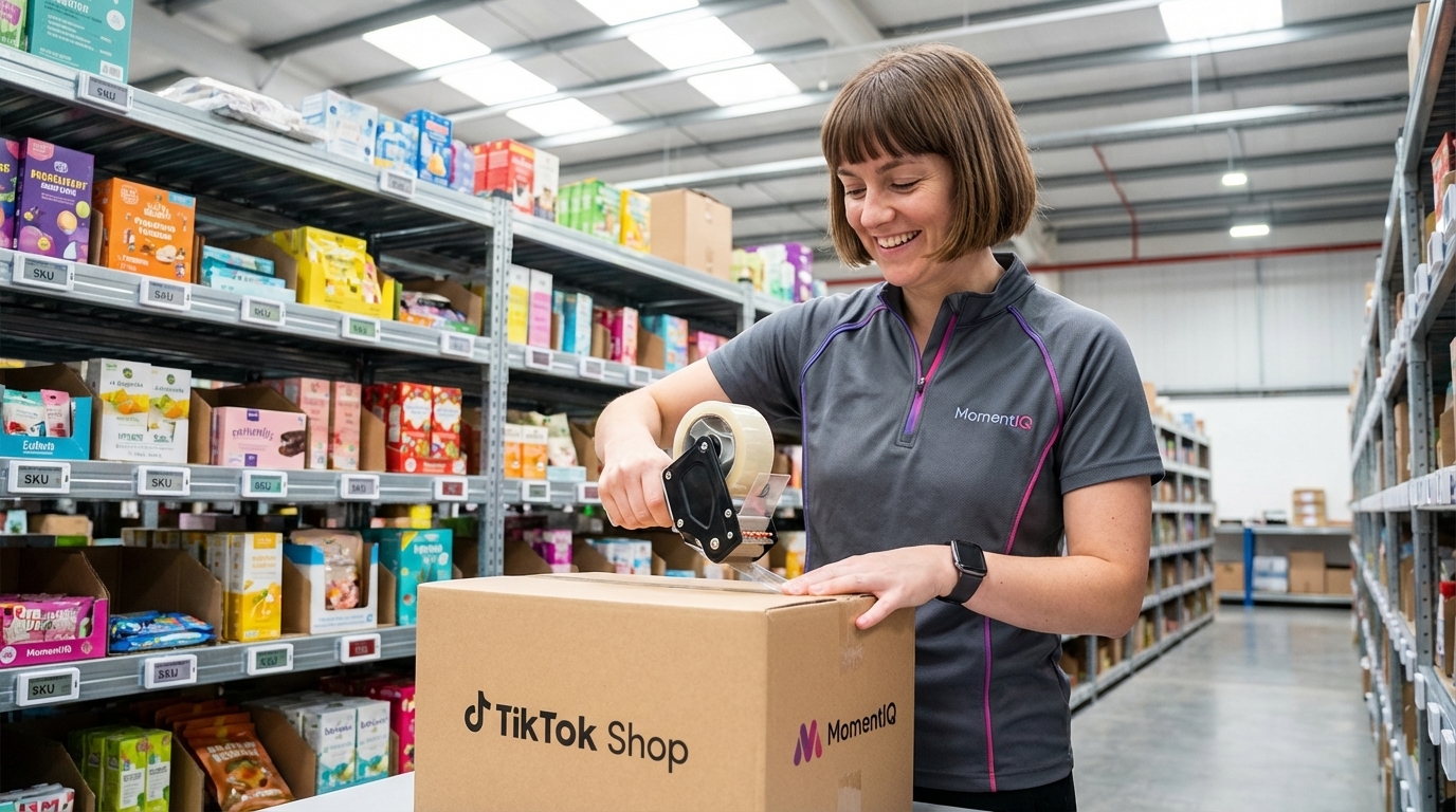 Organized warehouse team happily packing TikTok Shop orders for fast shipping