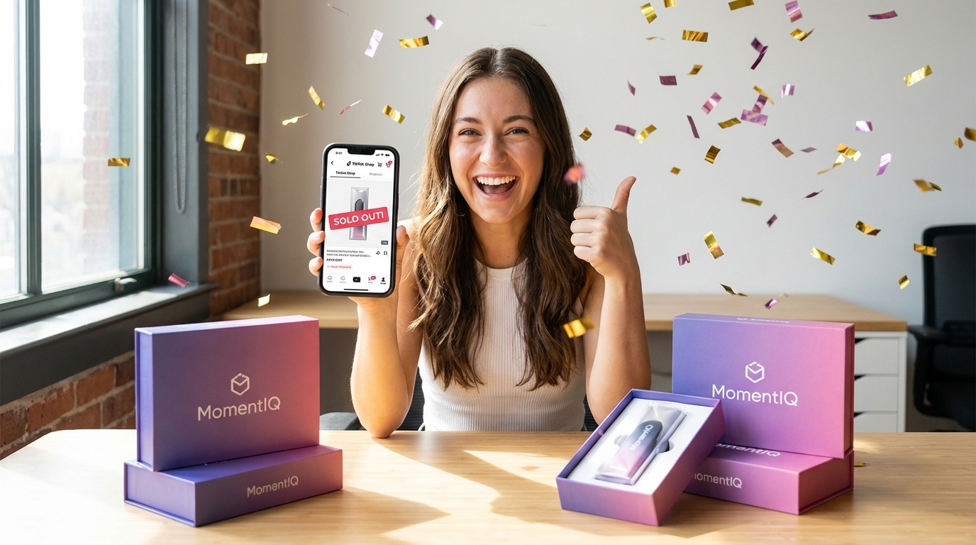 Person celebrating a 'SOLD OUT!' notification on their TikTok Shop product listing