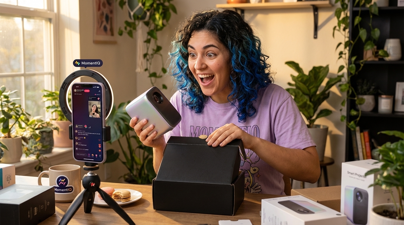 Excited TikTok creator unboxing a product seeding package for a live stream