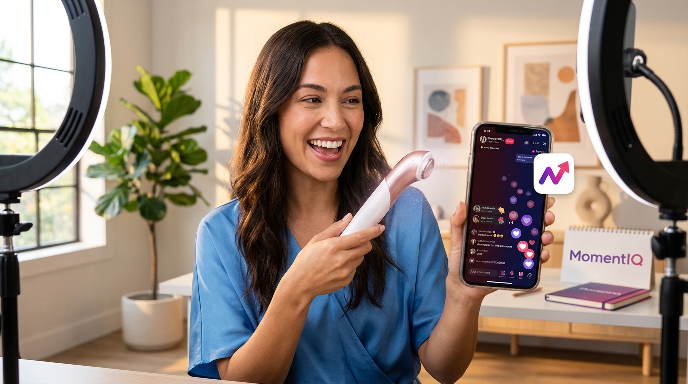 TikTok creator confidently demonstrating a visual transformation product on live stream