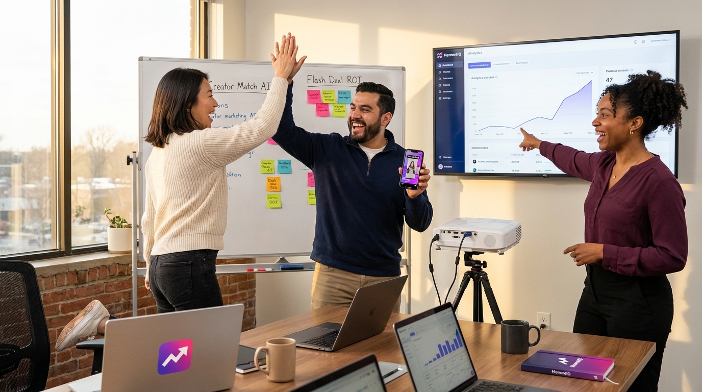 Energetic team high-fiving over successful TikTok Shop growth strategies on a whiteboard