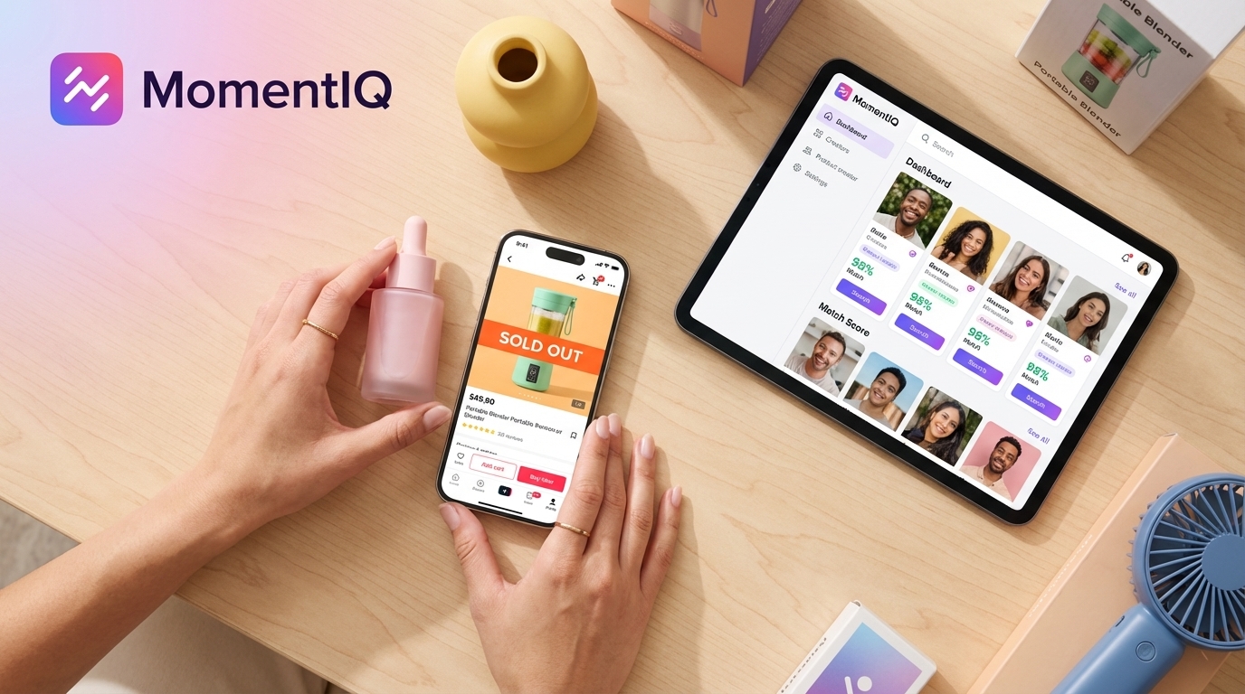 Flat lay of viral TikTok Shop products, glowing reviews on a smartphone, and MomentIQ's creator matching interface