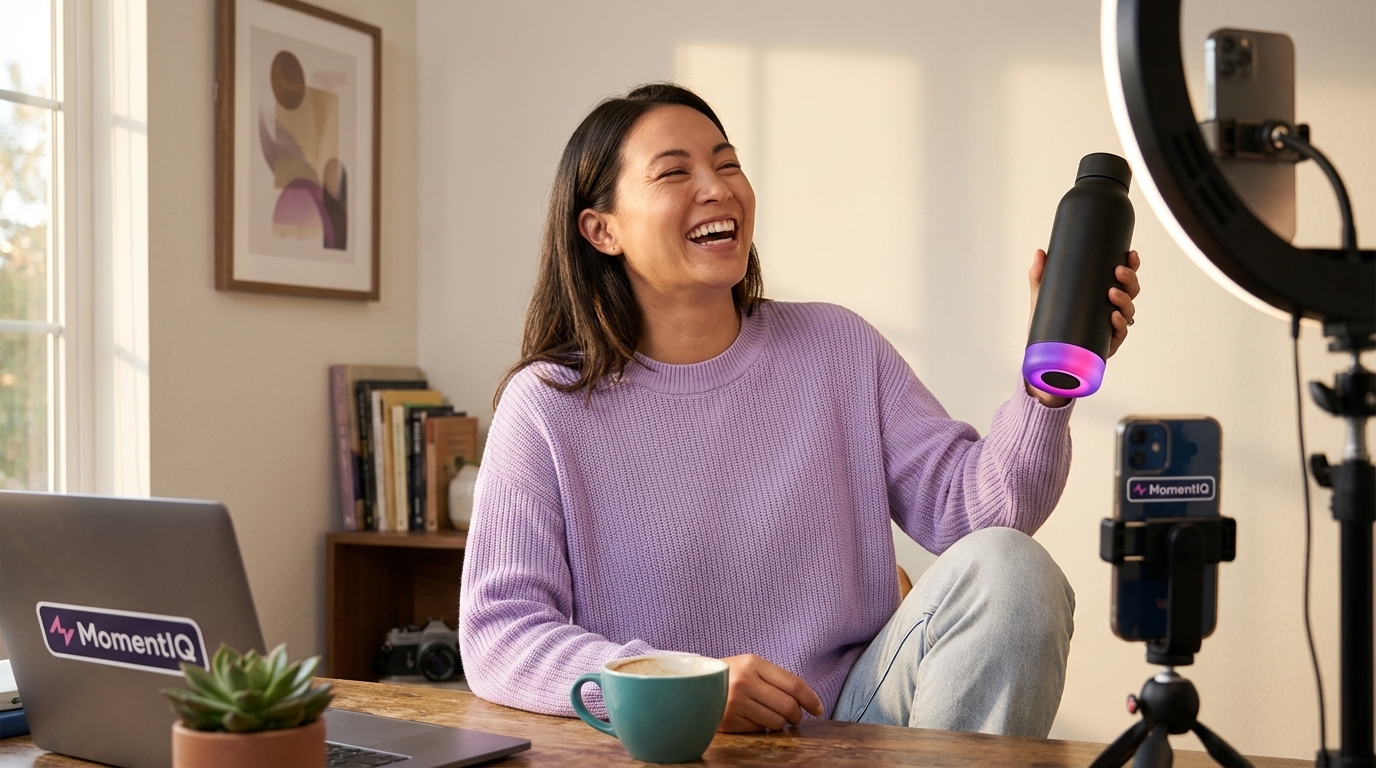Joyful TikTok Shop creator filming an engaging product review in a home studio with ring light