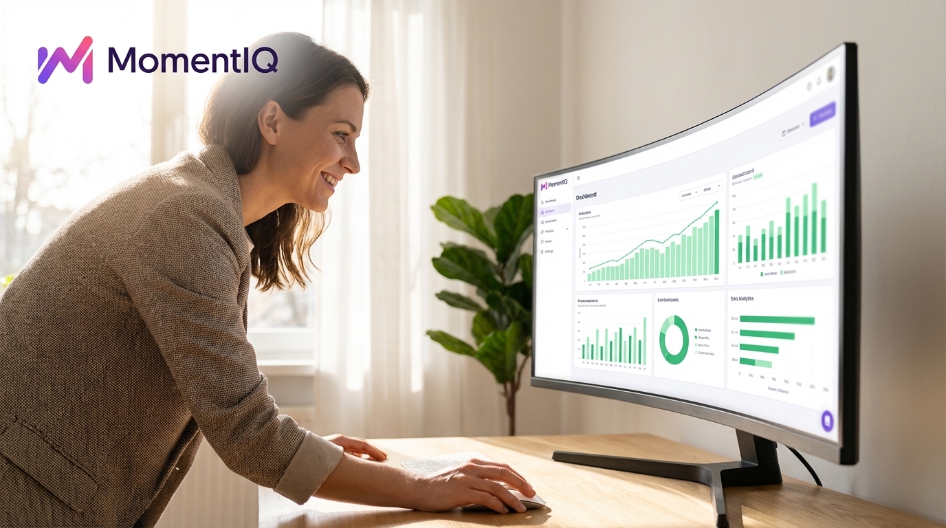 Entrepreneur confidently reviewing MomentIQ's TikTok Shop analytics dashboard showing massive growth