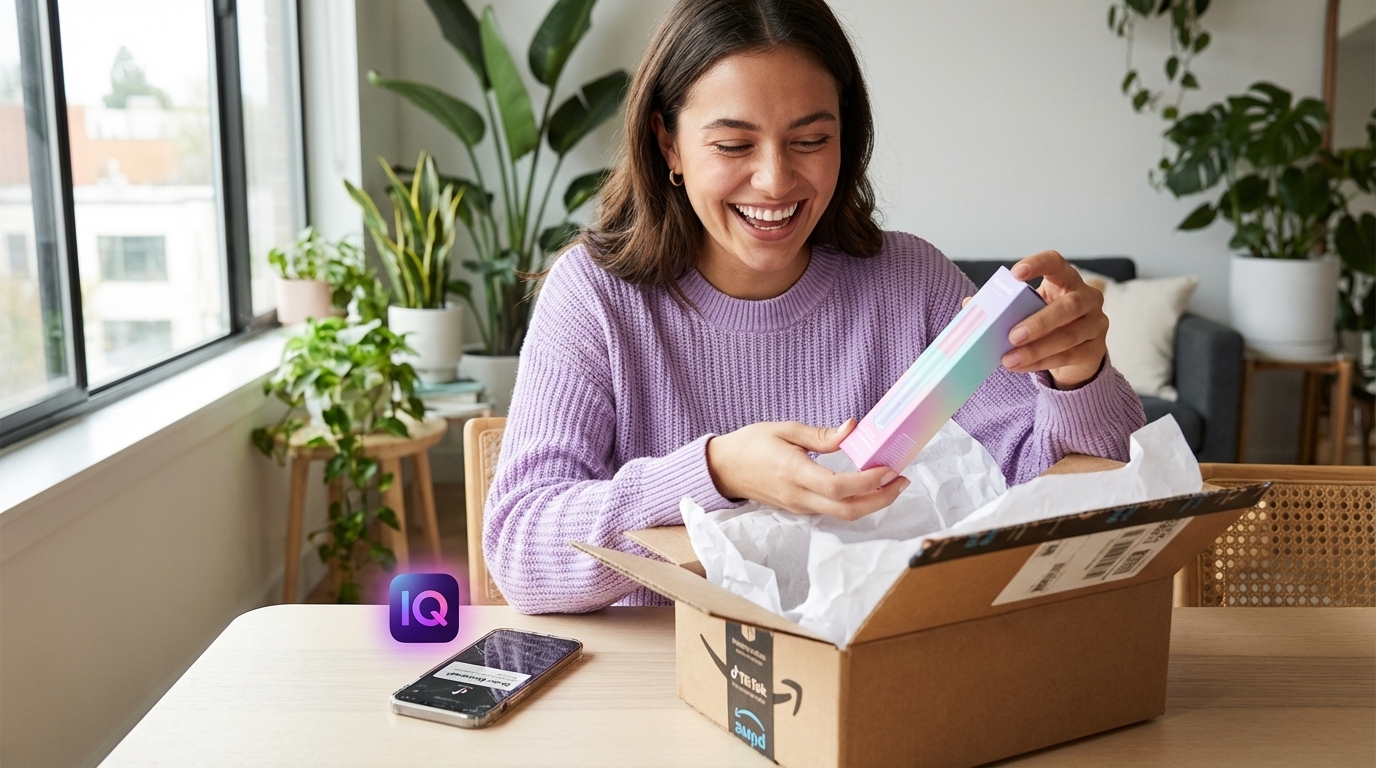 Joyful woman unboxing a new product discovered on TikTok Shop, with her phone nearby
