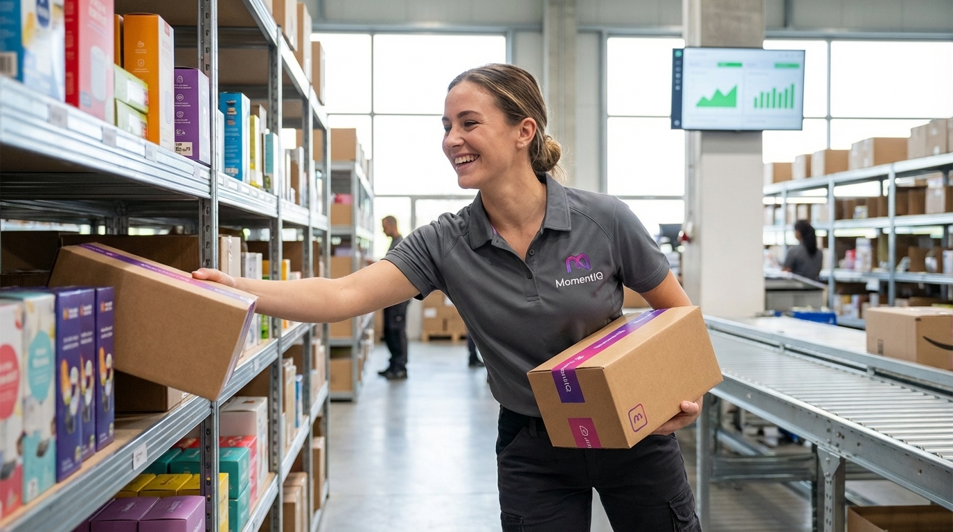 Smiling fulfillment associate organizing popular TikTok Shop products in an efficient warehouse