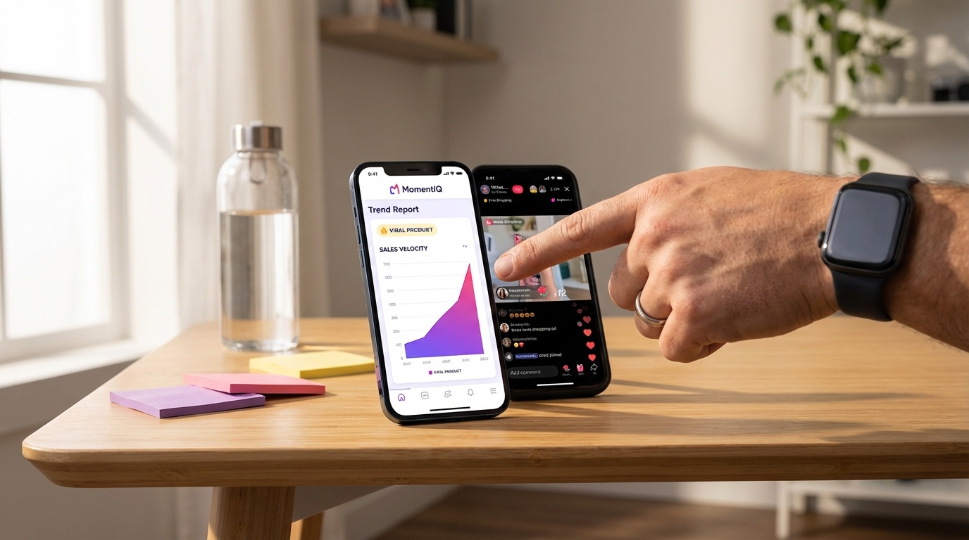 Hand pointing to TikTok Shop trend report on a smartphone, showing trending hashtags and high sales velocity