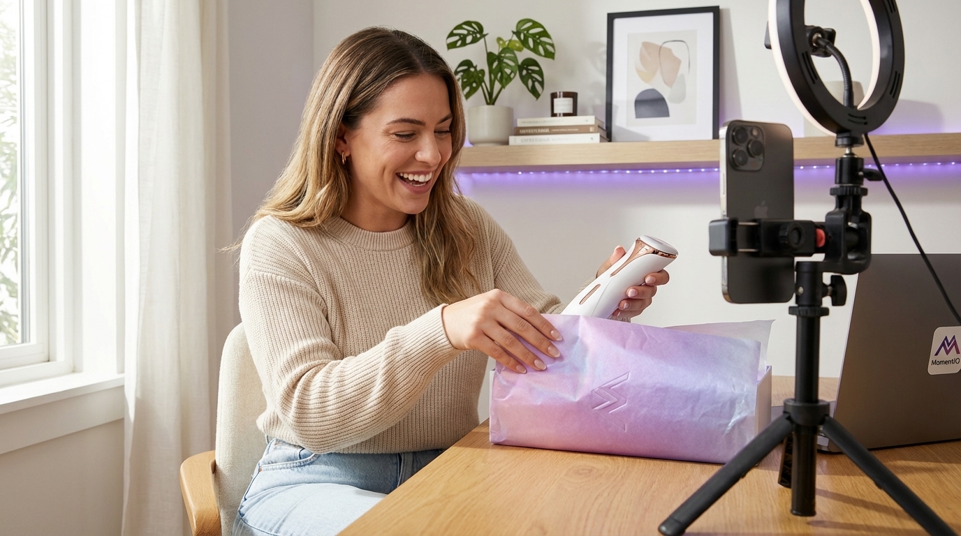 Smiling TikTok creator excitedly unboxing a MomentIQ product seeding package in their home studio