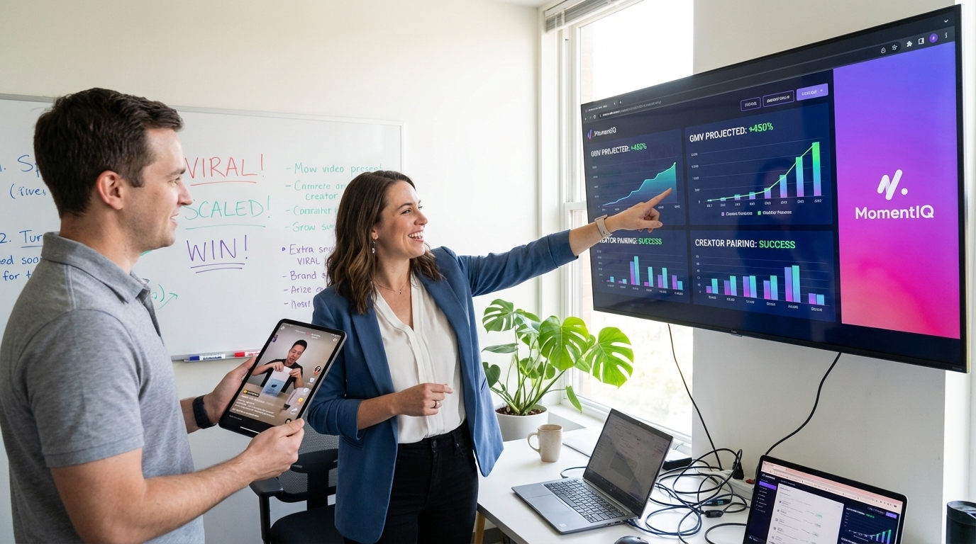 MomentIQ team member confidently pointing at a screen showing successful algorithmic creator matching for TikTok Shop