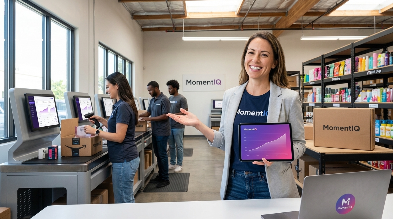 Confident entrepreneur overseeing a clean, bustling fulfillment center for thriving TikTok Shop orders