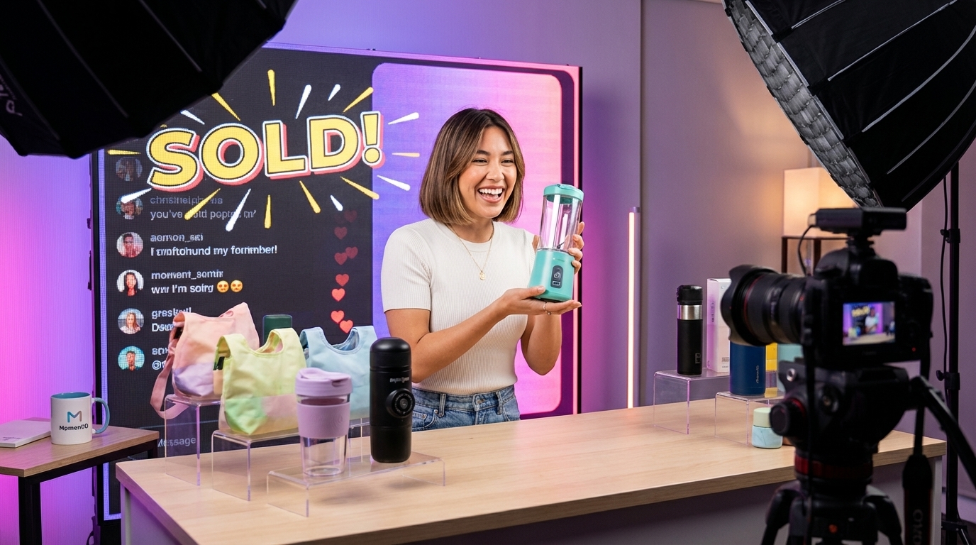 Charismatic TikTok Shop host beaming during a live stream with 'SOLD!' overlays and heart emojis