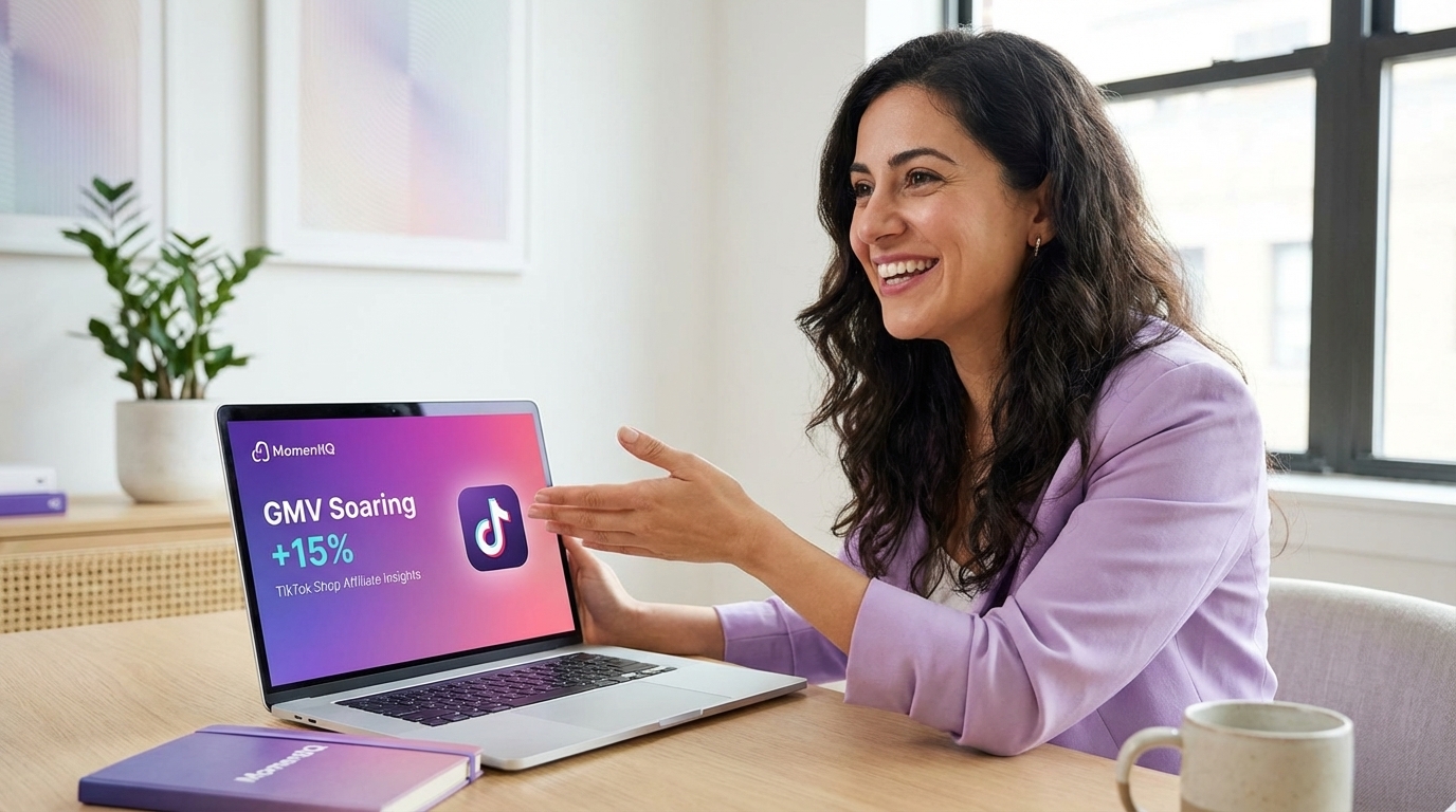 Cheerful MomentIQ strategist discussing a successful TikTok Shop affiliate campaign with a client
