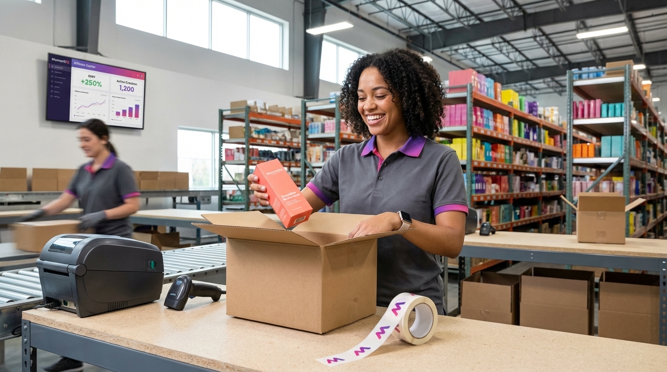 Happy team member efficiently packing a TikTok Shop order in a bright, organized fulfillment center.