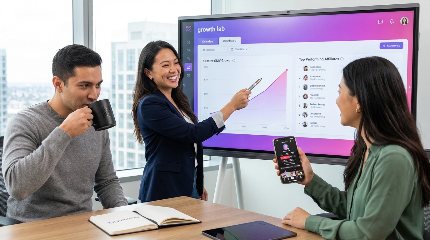 TikTok Shop brand team collaboratively strategizing creator network growth in a modern war room.