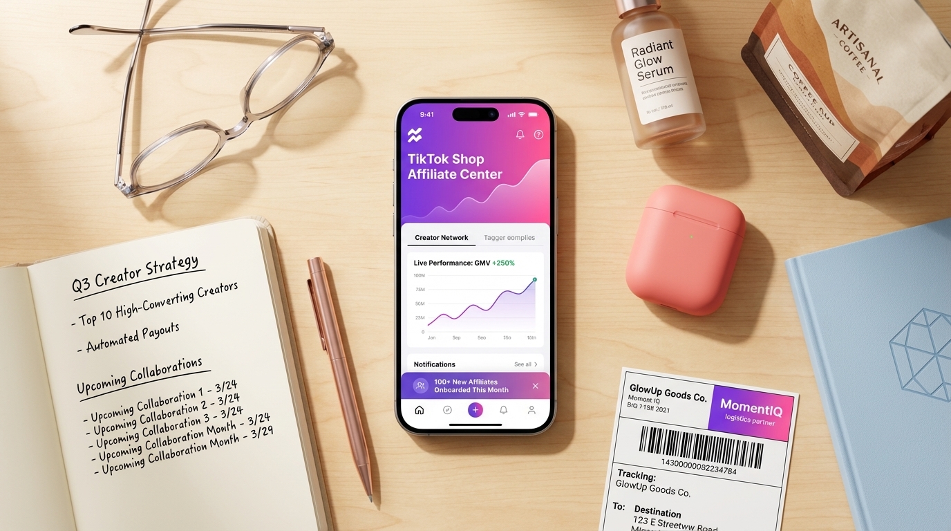 Overhead flat lay of a desk with a phone showing TikTok Shop Affiliate Center, product samples, and a planner.