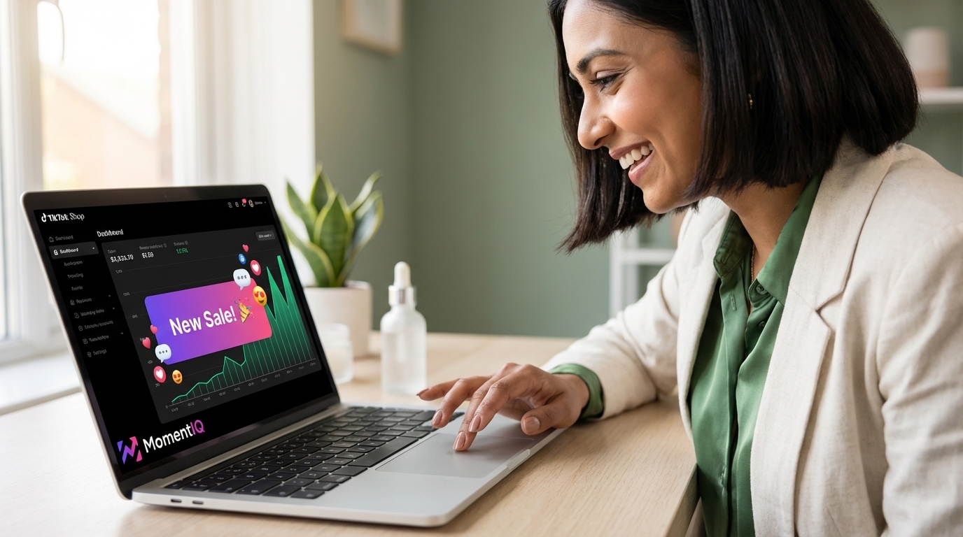 Close-up of a TikTok Shop sales dashboard showing spiking revenue and a 'New Sale!' notification.