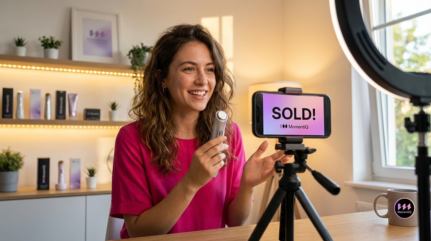 Confident TikTok Shop creator presenting products in a home studio with a ring light and 'SOLD!' overlay.