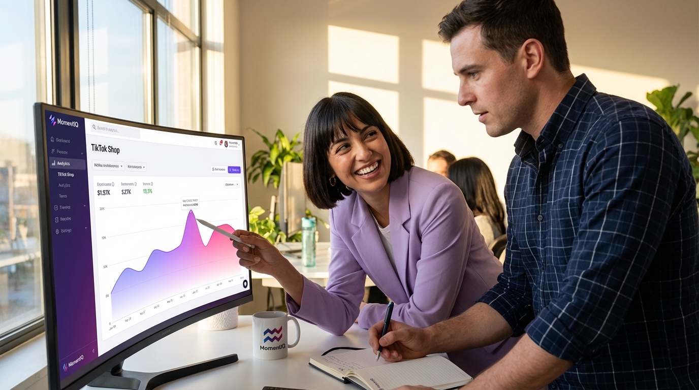 Marketing professionals confidently analyzing TikTok Shop creator analytics on a large screen.