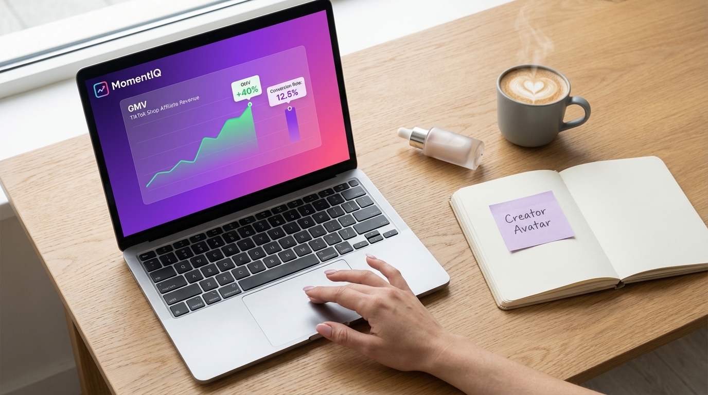 Overhead flat lay of a desk showing TikTok Shop creator performance metrics, notebook, and product sample.