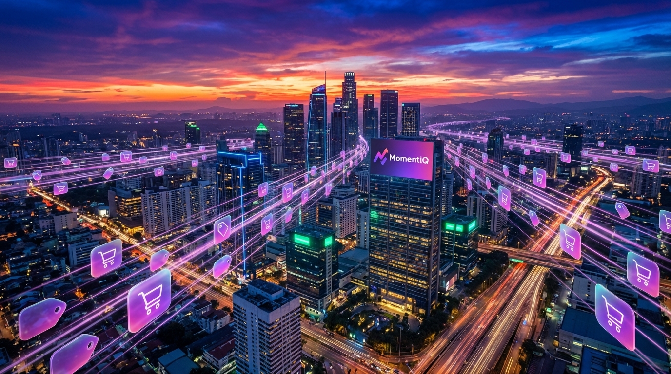 Aspirational city skyline at sunset with glowing TikTok Shop elements, symbolizing vast market opportunity.