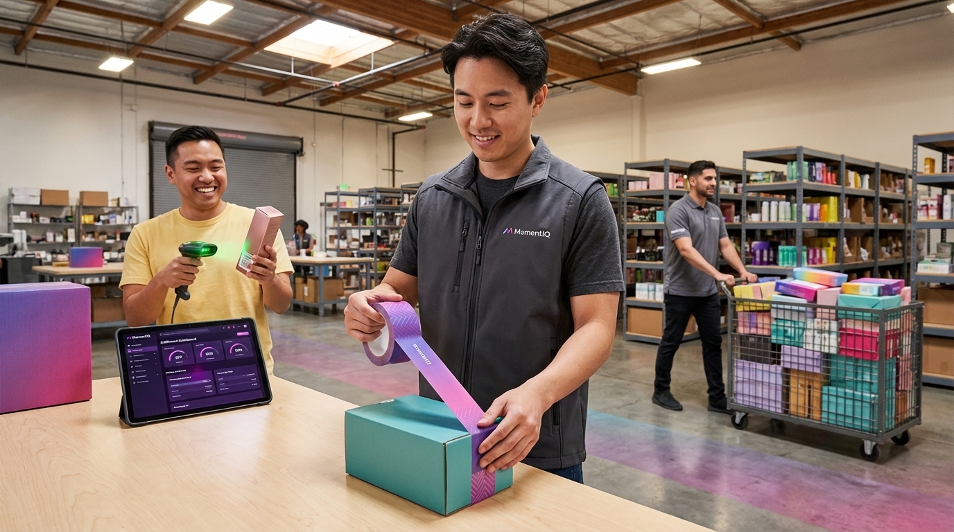 Efficient, happy team members preparing colorful TikTok Shop orders in a well-organized warehouse.