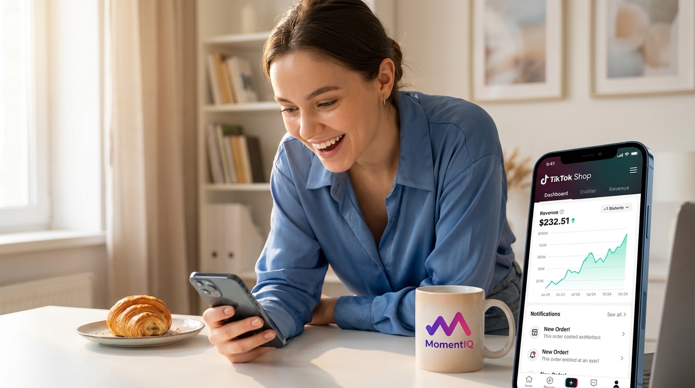 Confident entrepreneur celebrating predictable TikTok Shop sales on a mobile dashboard, showing revenue growth.