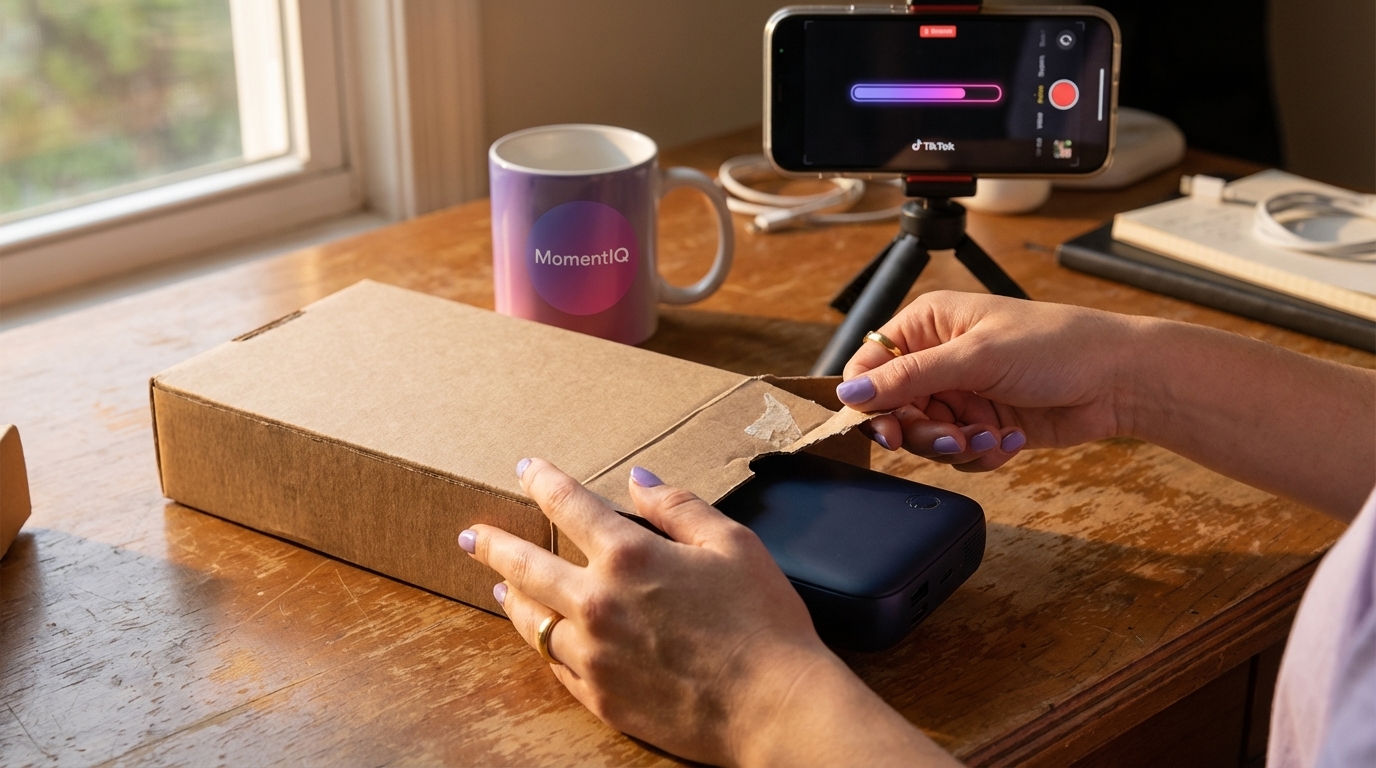 TikTok Shop creator excitedly unboxing a branded product seeding package for an authentic review.