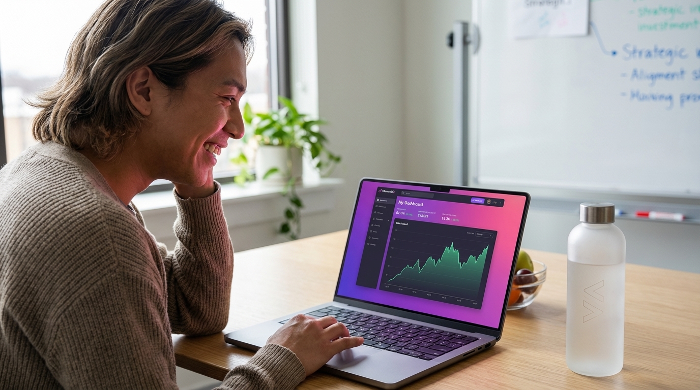 TikTok Shop strategist analyzing algorithm data on a laptop, showing high watch time and completion rates.