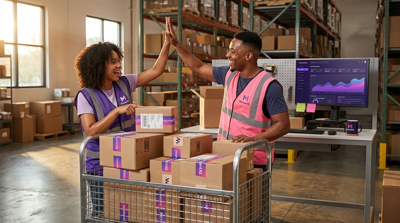 Warehouse team celebrating successful TikTok Shop order fulfillment with stacks of branded shipping boxes.