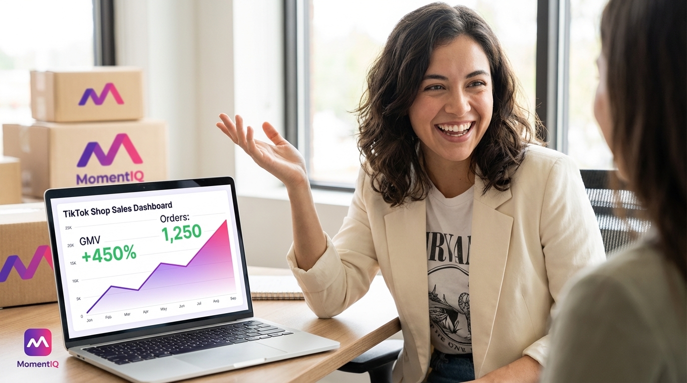 Confident brand manager reviewing TikTok Shop sales dashboard showing explosive growth from UGC strategy.