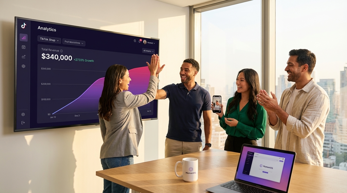 Team celebrating massive TikTok Shop revenue growth and viral product success in a modern office.
