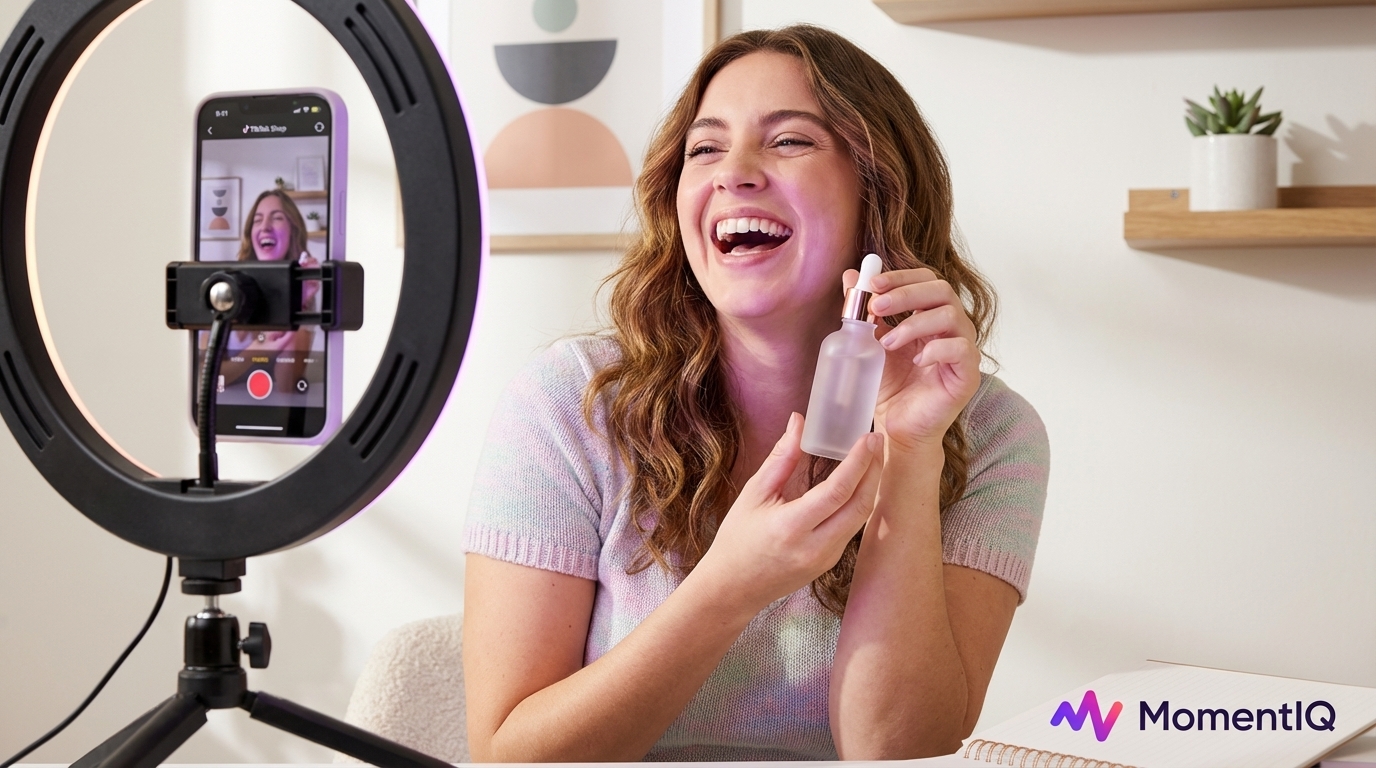 TikTok Shop creator joyfully filming a product video in their home studio setup with a ring light.