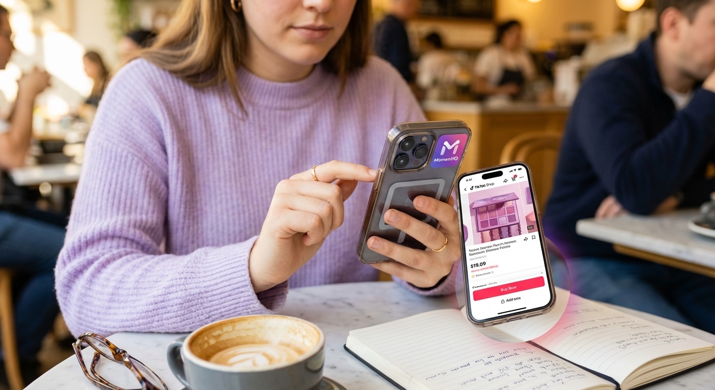 Happy customer confidently tapping 'Buy Now' on a TikTok Shop product page, showcasing market capture.