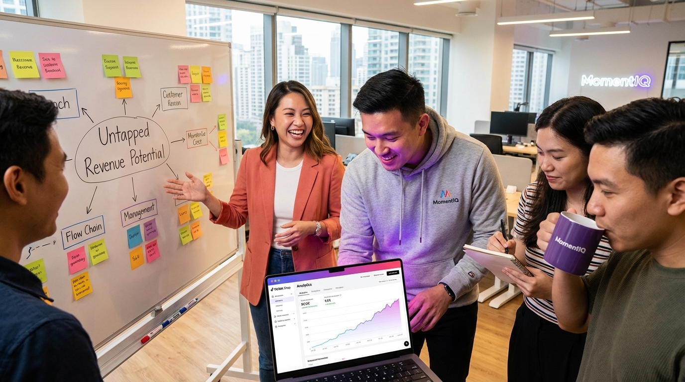 Brand team excitedly strategizing TikTok Shop growth, identifying untapped revenue potential on a whiteboard.