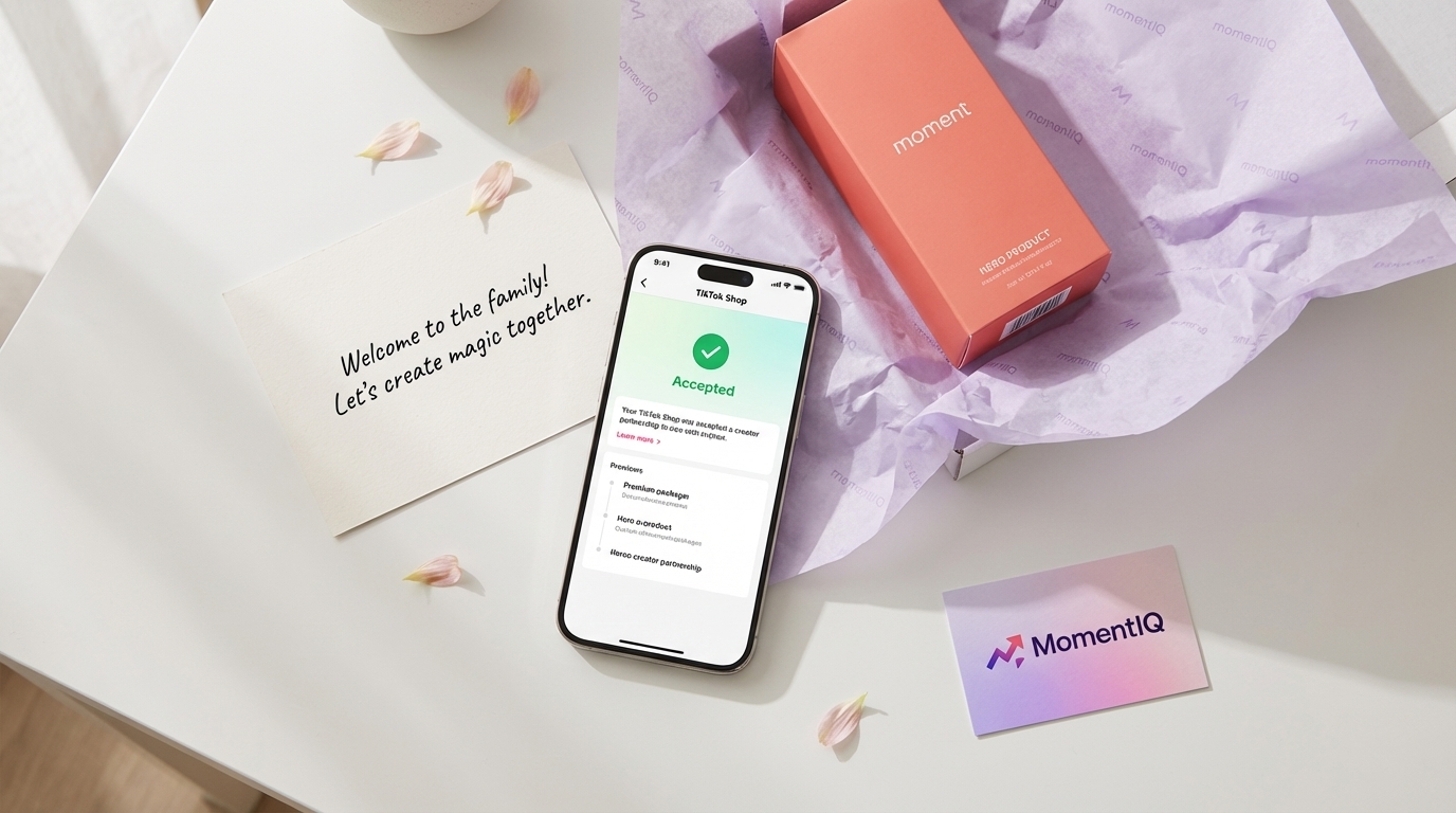 Flat lay of a beautifully organized TikTok Shop creator seeding kit with a phone showing an accepted partnership offer.
