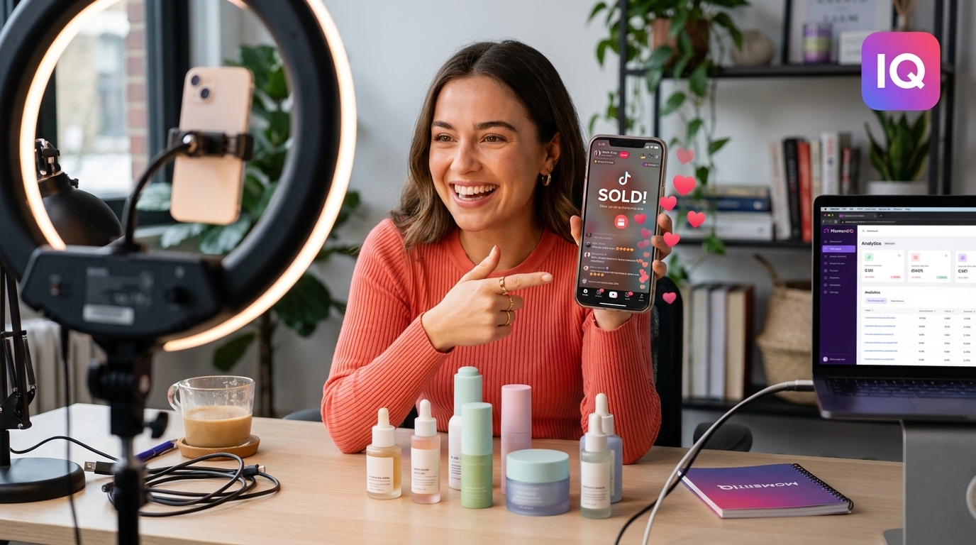 Energetic live shopping host celebrating 'SOLD!' notifications on TikTok Shop during a vibrant live stream.