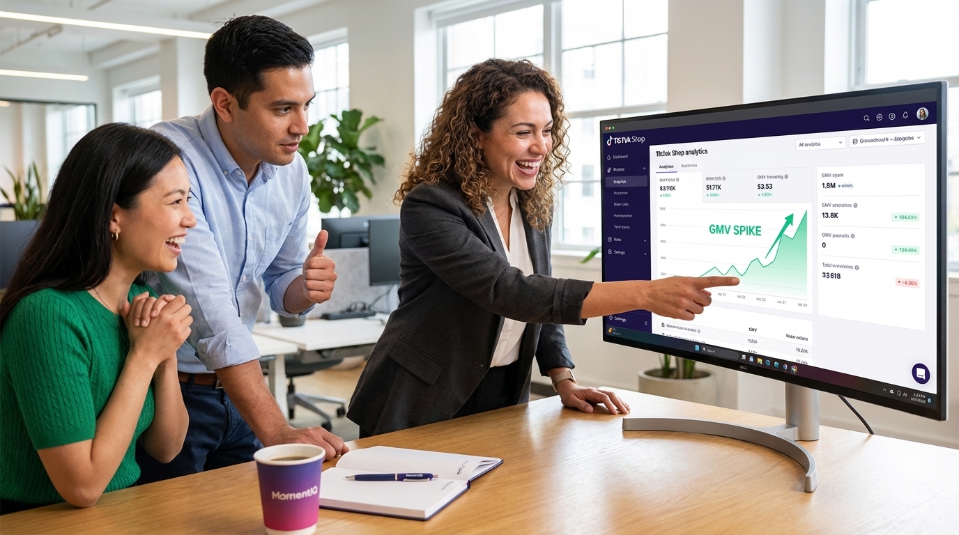 TikTok Shop team celebrating a significant GMV spike on their sales dashboard in a bright office.