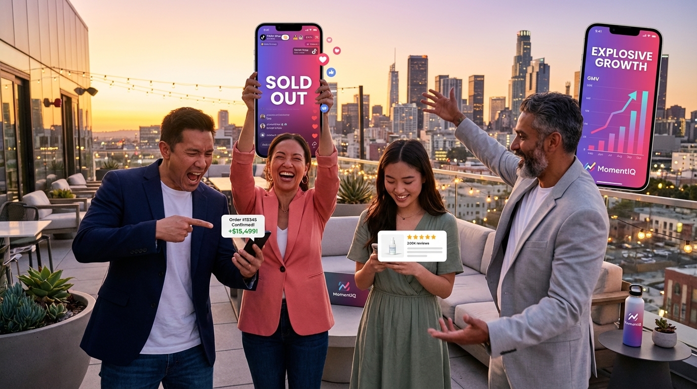 Diverse entrepreneurs celebrating TikTok Shop success on a city rooftop, symbolizing global social commerce growth.